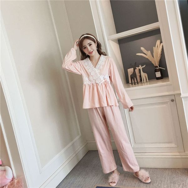 

women pajamas sets autumn new palace court female pajamas set comfort combed cotton high-grade lace bandage home service, Blue;gray