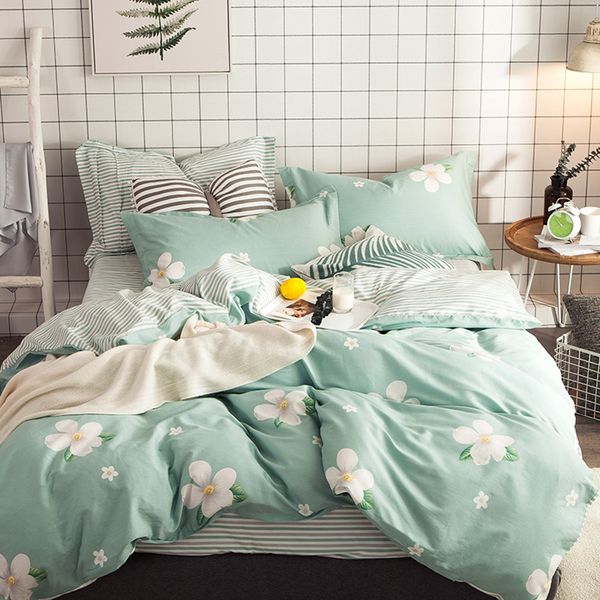 100 Coon Light Green Flowers Duvet Cover Set Brief Bed Sheet