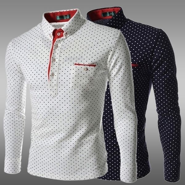 Çin Boyutu M-3XL Moda Polka Dot Erkekler Rahat Beyaz Siyah Mavi Smokin Elbise Gömlek Uzun Kollu Slim Fit Camisas Hombre