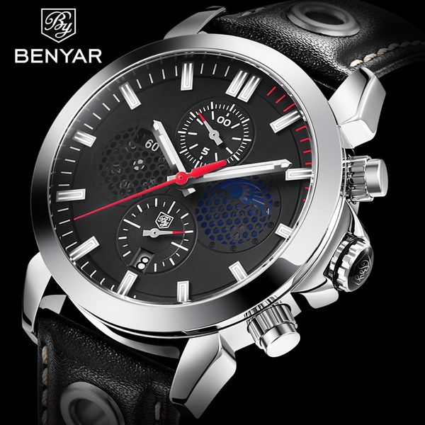 

relogio masculino 2018 benyar new casual fashion mens watches brand male wristwatch waterproof leather quartz watch, Slivery;brown