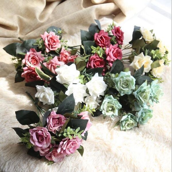 Acheter Bouquet De Fleurs De Rose Artificielle 6 Couleurs 7 Têtes En Soie Fleur Décorative Pour La Décoration De Maison De Noce Décoration De Vacances