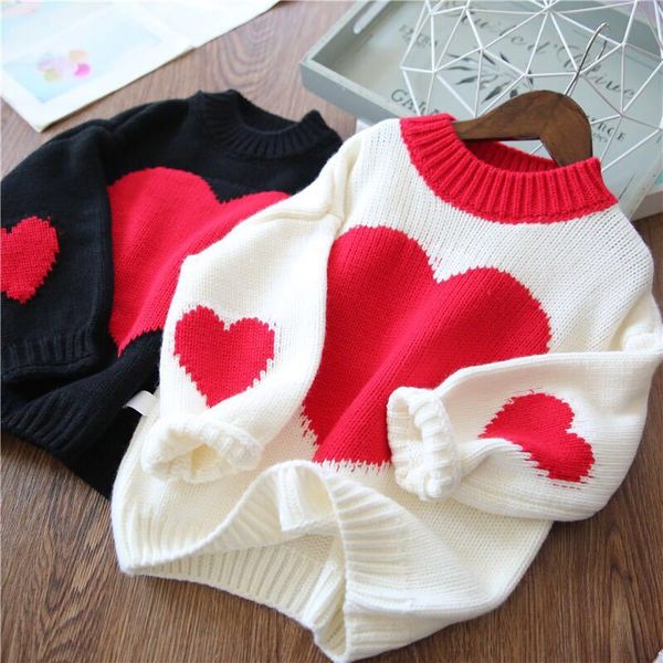 

everweekend kids girls loveheart crochet pullover knitted black white color new autumn fashion sweet kids sweaters clothing, Blue