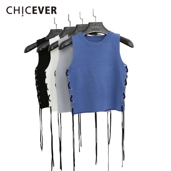

chicever 2018 spring sleeveless crop female knitted short side wear bandage women's vest black clothes fashion korean, White