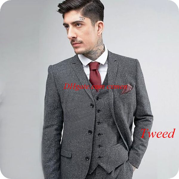

winter custom made grey harringbone tweed men suits wool two buttons slim fit groom wear male blazer smoking jacket 3pieces costume homme, Black;gray
