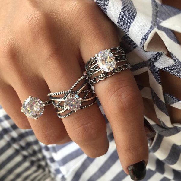 

tocona 3pcs/set bohemia trendy antique sier wide crown white rhinestone knuckle midi rings set for women jewelry 4180, Golden;silver