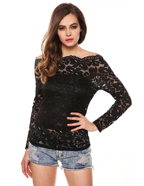 

Spring Sexy Lace Basic T-shirt Long Sleeves Slash Neck Pullover Women Floral Printed T Shirt Women Top Clothes