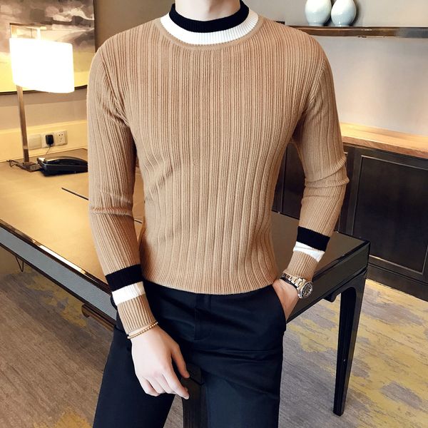 

2018 new arrival fashion slim round neck pullovers sweater men casual tide colour matching knitting clothes ing, White;black