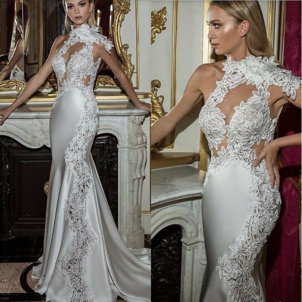 

2019 brand new mermaid wedding dress lace high collar appliques stain designer bridal gowns custom made, White