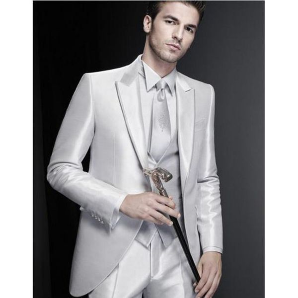 

silver grooms tuxedos peaked lapel wedding suits for men three piece prom two button groom mens suit ( jacket+pants+vest+tie, White;black