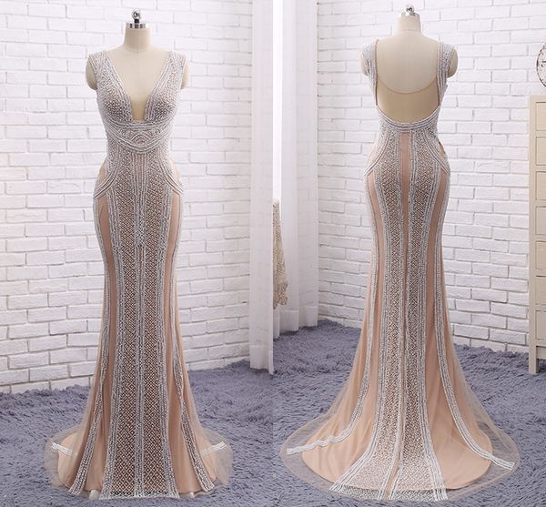 

the high-end custom elegant atmosphere heavy evening dress lace fishtail handmade beaded pearl v halter collar prom dresses, Black;red