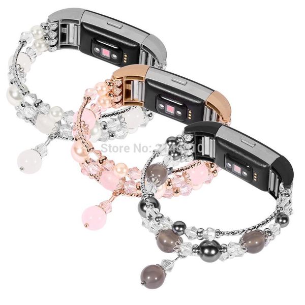 

jewelry faux pearl beaded elastic stretch wristbands strap replacement watch band for charge 2, Black;brown