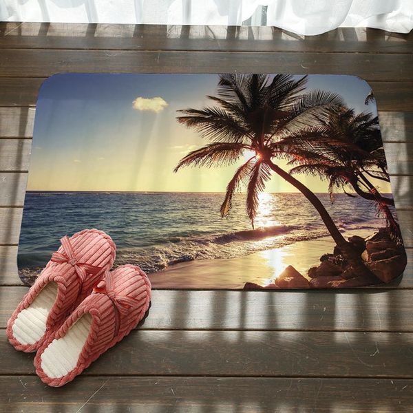 

sunset seaside beach bath mats kitchen bathroom floor door mat super absorbent non-slip rugs soft flannel bath mats