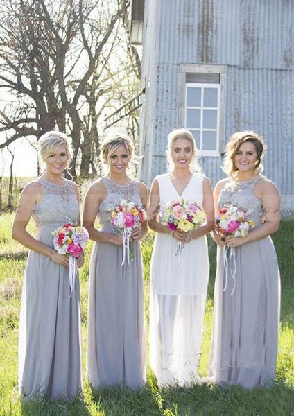 

Cute Chiffon Lace Long Bridesmaid Dresses 2018 Sheer Neck Chiffon Wedding Party Guest Dresses Evening Wear