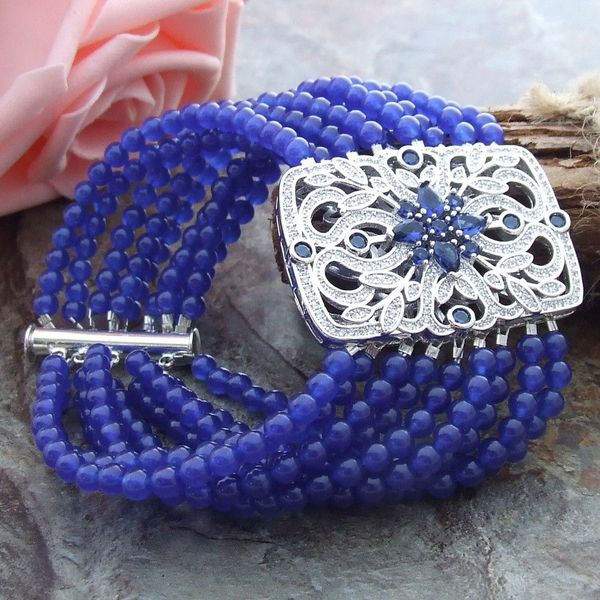 

8" 9 strands blue stone bracelet cz connector, Black