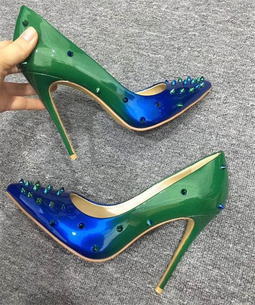 

Free Shipping 2019s green Multi colors Rivets spikes Patent Leather sexy fashion women Poined Toes high heel pump Stiletto HEELED SHOES lady