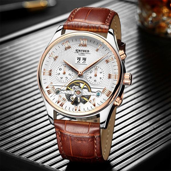 men's waterproof swiss automatic day/month tourbillon mechanical watch with gift box china fashion gold watches real leather belt wrist, Slivery;brown