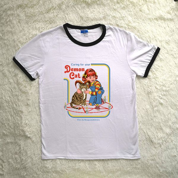 

caring for your demon cat funny america style t shirts women summer round neck clothing tumblr harajuku t shirt women vogue, White