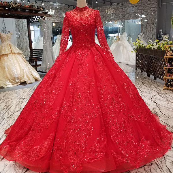 

2019 red muslim puffy vintage evening party dresses long sleeves high neck floor length ball gown formal party dresses girl pageant dress, Black;red