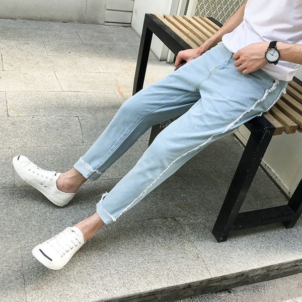 

2018 spring new product japanese popular trend student male stretch slim fit jeans solid colour small fresh haren pants man tide, Blue