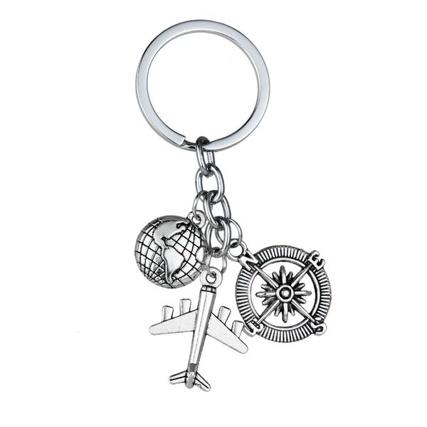 

12 pc/lot earth plane compass keychain for long distance friends explore key ring charm jewelry keyring gift for traveler lovers, Silver
