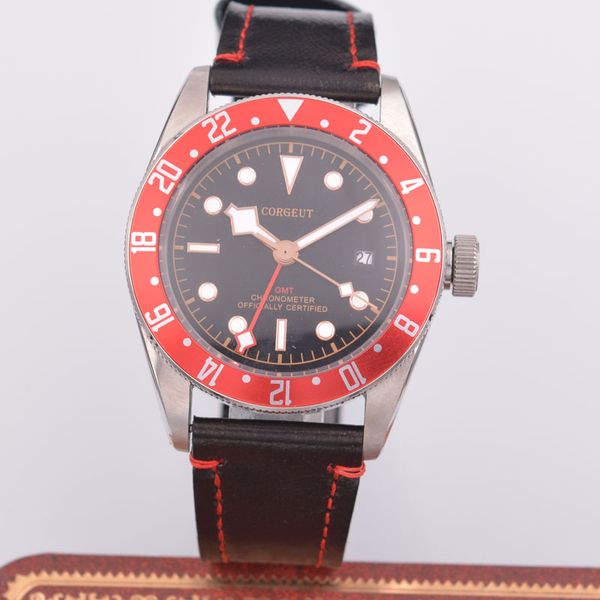 

41mm corgeut men's automatic mechanical watch red gmt calendar watch luminous, Slivery;brown