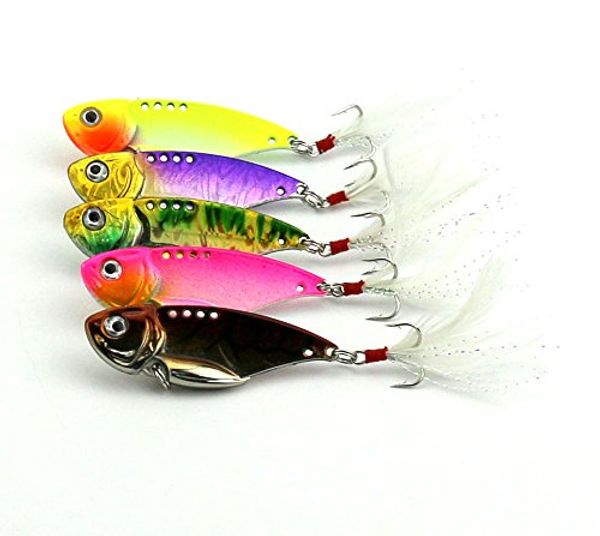 

lenpaby 5 pcs attractants baits metal vib fishing lure with feather hook bass crankbaits hard baits 5.5cm/2.17"/11g