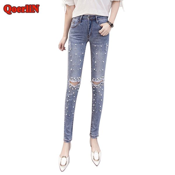 

qoerlin women jeans pants skinny pearl beaded front jeans 2018 summer spring mid waist zipper fly long denim casual trouser, Blue