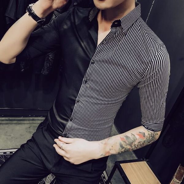 

New Non-mainstream Classic Men's Clothing Male Fashion slim AB stripe Splice Half sleeve Shirts Man Casual No ironing Tops M-3XL