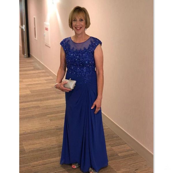 

royal blue chiffon mother of the bride dresses cap sleeve sheer neck appliques lace beaded wedding party gowns for women, Black;red