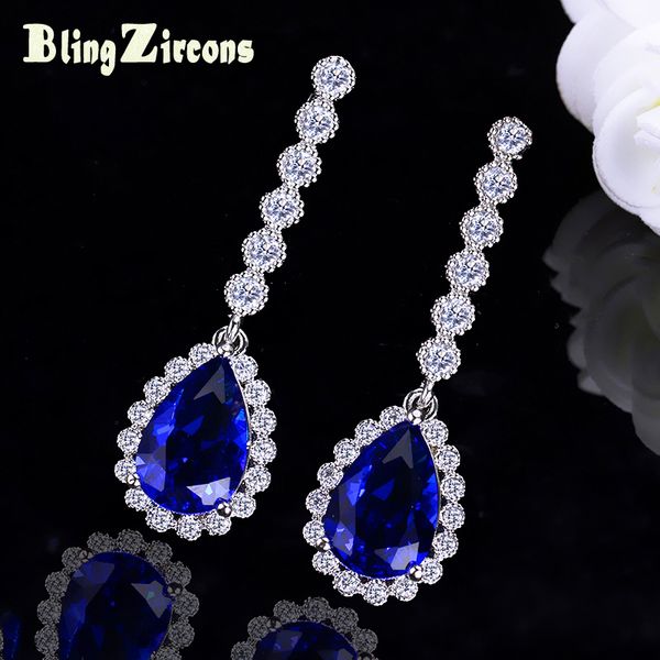 

blingzircons 2018 new shining royal blue tear crystal drop bridal wedding earrings silver 925 pin cz ear jewelry for women e161