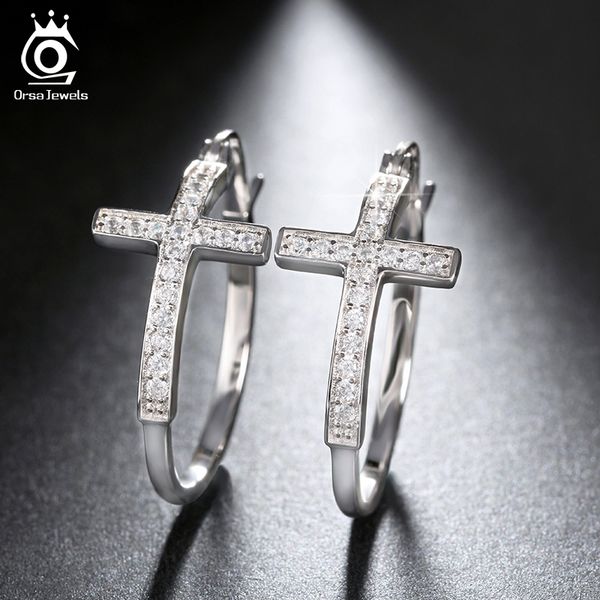 

whole saleorsa jewels silver color hoop earrings for women large cross loop paved shiny austrian crystal fashion jewelry earring oe142, Golden;silver