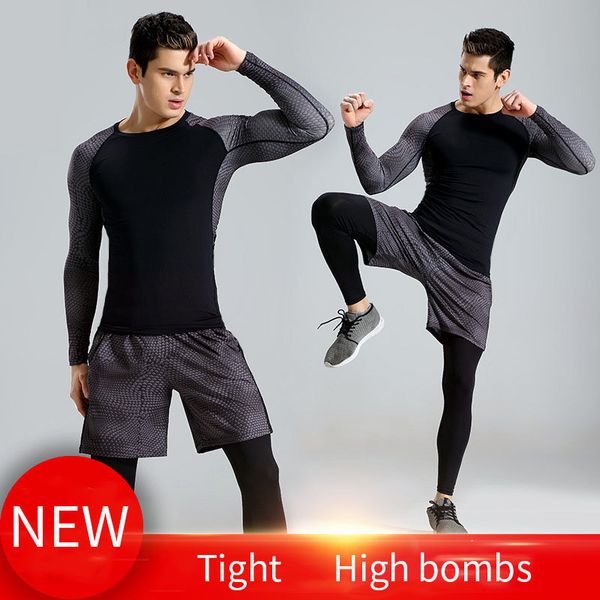 

new 3pcs running set men snake quick dry mens sport suit fitness tight gym clothing training suit workout men's sportswear, Gray