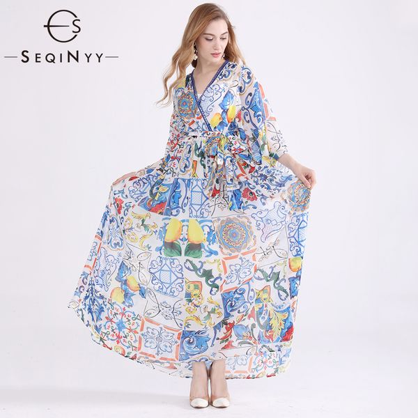 

seqinyy chiffon dress 2018 summer new women's plus size 6xl flare sleeve blue white porcelain flowers printed elegant dress, Black;gray