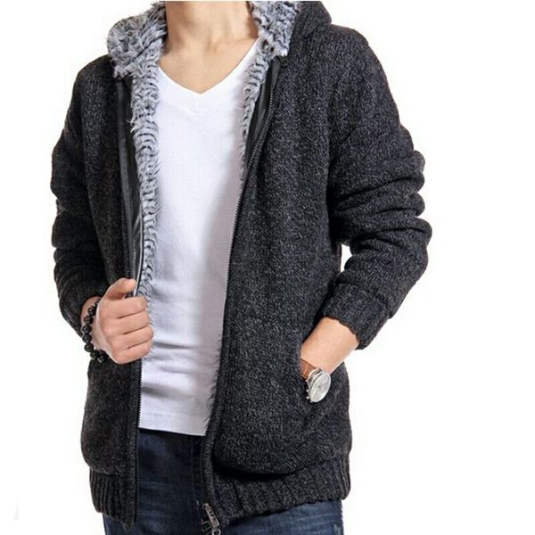 

winter warm velvet lining sweatercoat thicken cotton zipper cardigan men's casual slim hooded thick knit coat outwear sweaters, White;black