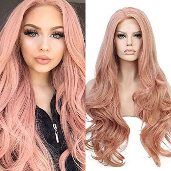 Women Wigs Natural Pink Hair Wigs Curly Long Wavy Synthetic Wigs