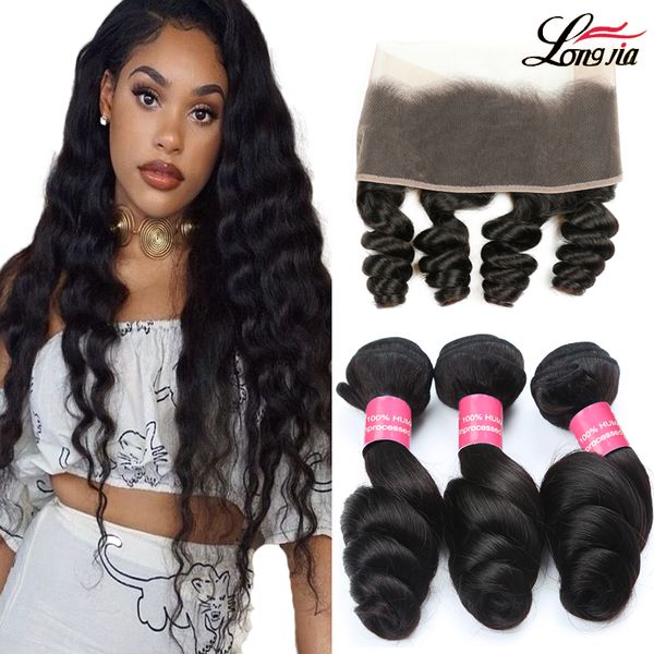 

brazilian loose wave with lace frontal 3 bundles brazilian human hair with closure human hair frontal with bundles, Black