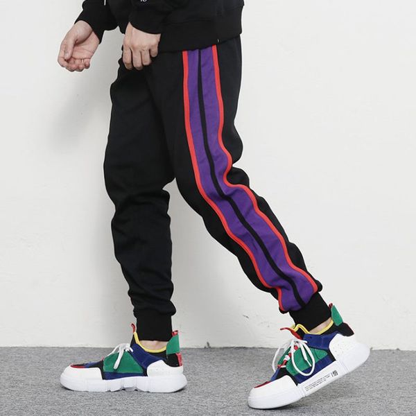 

2018 new mens fashion sweats pants printing side pockets men sweatpants casual joggers panelled loose sportswear man trousers, Black