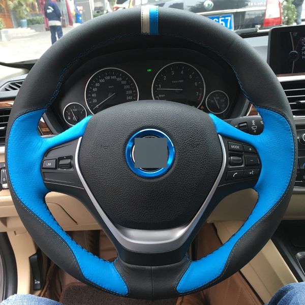 

blue black leather diy hand-stitched car steering wheel cover for bmw f30 320i 328i 320d f20