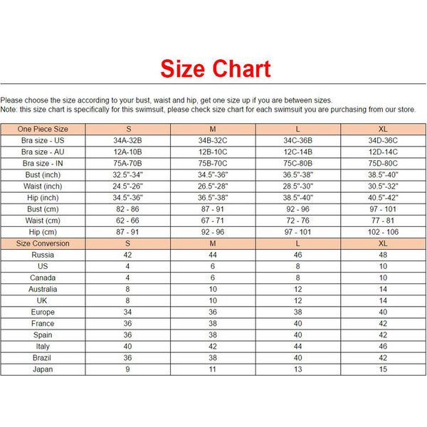 Size Chart Women Bathing Suits