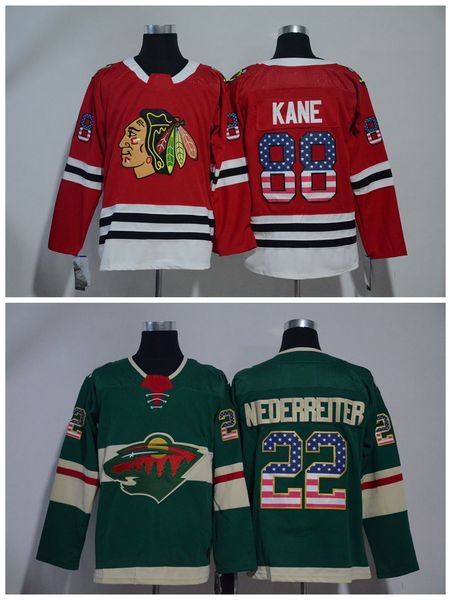 

2018 usa flag jerseys minnesota wild 22 nino niederreiter chicago blackhawks 88 patrick kane stitched hockey jerseys, Black;red