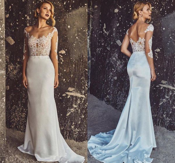 

2018 Modest Satin Sexy Sheer Jewel Neck Lace Applique Mermaid Wedding Dresses Illusion Long Sleeves Backless Sheath Bride Bridal Dresses, White