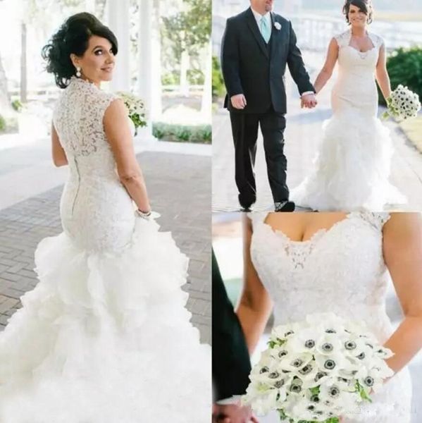 

Luxury Arabic Lace Mermaid Wedding Dresses 2018 Sweetheart Sweep Train Tiered Organza Plus Size Bridal Gowns Custom Made Vestidos De Novia