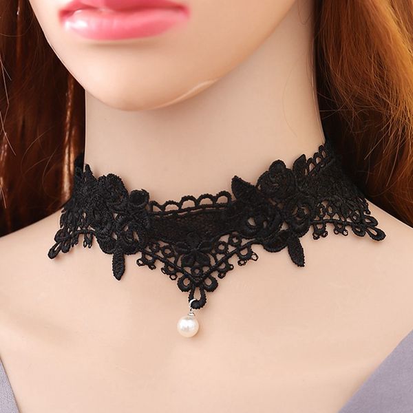 Acheter Hot Fashion Gothique Tatouage Bijoux De Mariage Blanc évider Fleur Rose Simulé Perle Broderie Dentelle Collier Ras Du Cou Pour Les Femmes De