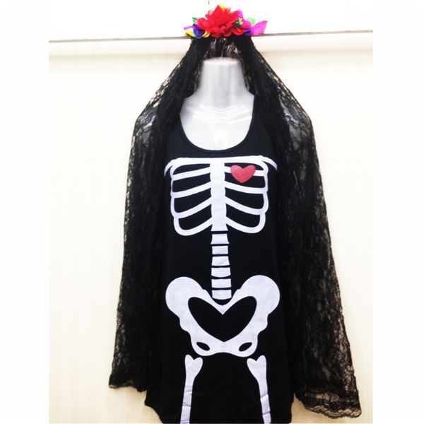 

new halloween gothic scary costume for women skull ghost bride cosplay dress skeleton corpse bride day of the dead clothing, Black;red