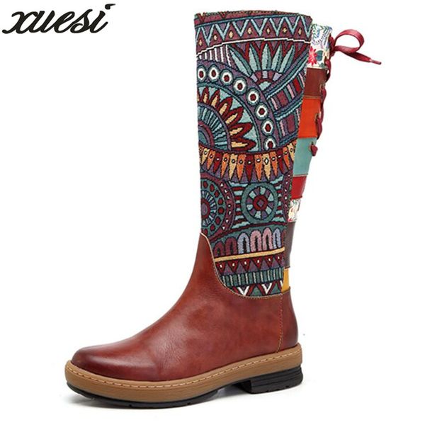 

vintage mid-calf boots women shoes bohemian retro genuine leather motorcycle boots printed side zipper back lace up botas tenis, Black