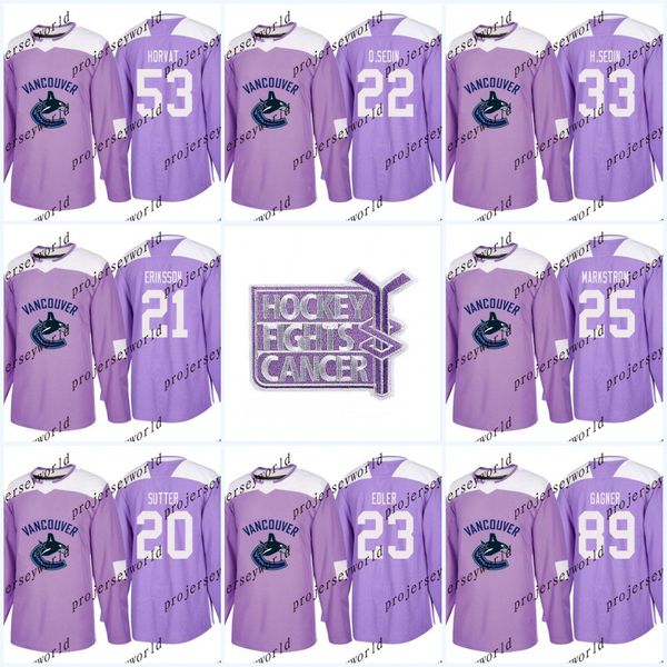 

33 Henrik Sedin Purple Fights Cancer Practice Vancouver Canucks 22 Daniel Sedin 53 Bo Horvat 3 Kevin Bieksa 16 Trevor Linden Hockey Jerseys