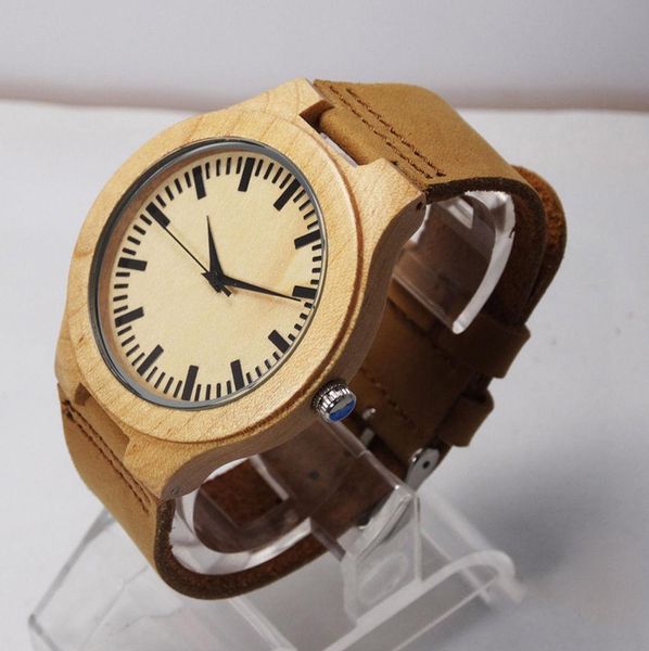

fashionable man maple wood case electronic quartz watch leather band, Slivery;brown