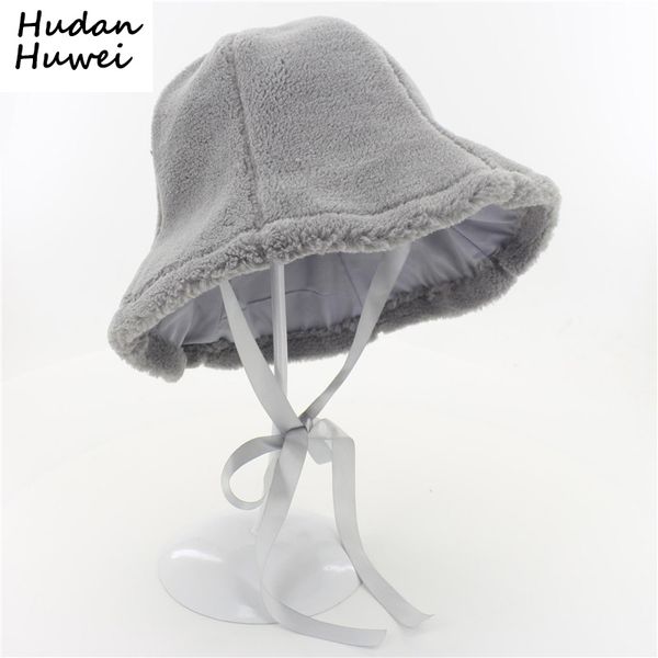 

autumn winter women woolen plush bucket hats warm soft headgear bowler hat leisure fisherman hat with velvet for ladies, Blue;gray