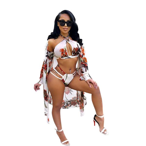 

2018 summer seaside 3pcs women's set fashion women swimwear + long sleeve beach smock cape nightclub party tracksuit 8095, Gray