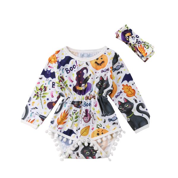 

newborn baby girl halloween clothes tassel round neck geometry long sleeves bodysuit bow headband 2pc cotton kids toddler outfit, White